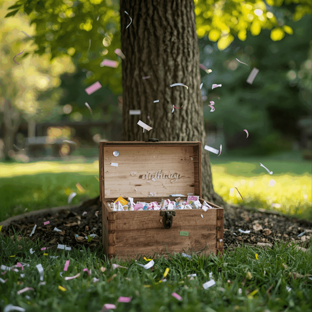 Holzkiste als Zeitkapsel: Wünsche und Erinnerungen für das spätere Ich sammeln.