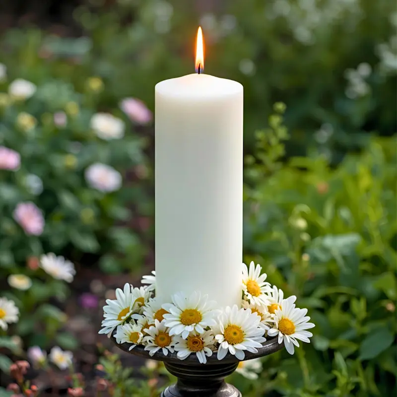 Weiße Taufkerze mit Blumenkranz: Symbol für Licht und Wärme im Leben.