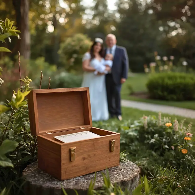 Holzkiste als Zeitkapsel für das Taufkind: Erinnerungen und Wünsche sammeln.